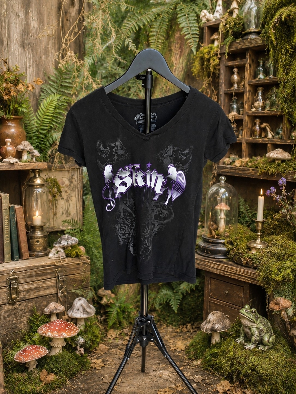 Skin Black V‑Neck Graphic Tee with Purple Logo